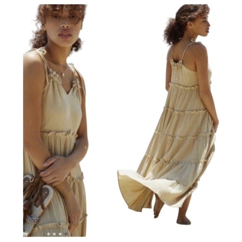 Anthropologie Charlie Holiday Senorita Maxi Dress Sz 8 Tan Boho Tiered Sundress
